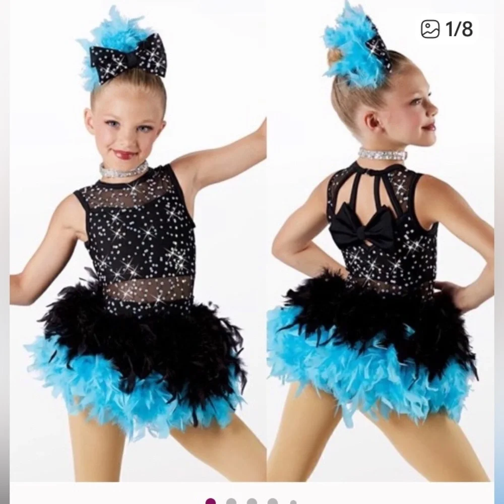 Weissman Size SC (Small) Girls Leotard Black/Teal Feathered Sequin Dance Costume